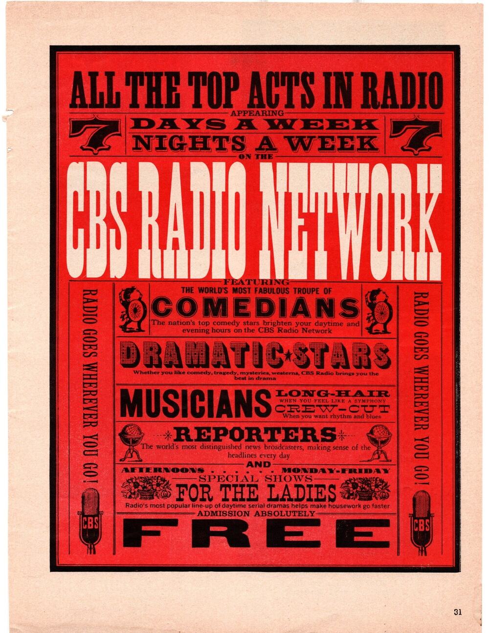 CBS Radio Network Advertisement 1957 Vintage Ringling Bros Circus Two Color